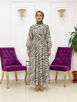 Ellya Özel Tasarım Desenli Şifon Tam Boy Elbise