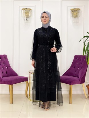 Ellya Özel Tasarım Dışı Tül İçi Payet Renk Geçişli İkili Elbise