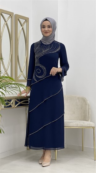 Ellya Özel Tasarım Taş İşlemeli Krep Kumaş Elbise