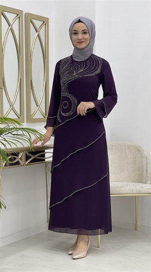 Ellya Özel Tasarım Taş İşlemeli Krep Kumaş Elbise