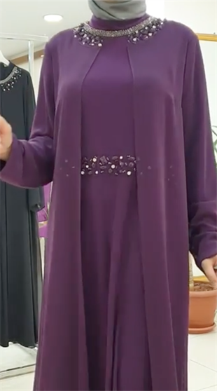 Ellya Özel Tasarım Taş Süslemeli Krep Şifon Kaplı Büyük Beden Tam Boy Elbise