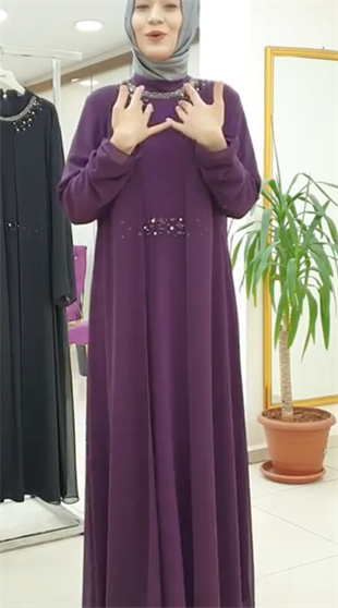 Ellya Özel Tasarım Taş Süslemeli Krep Şifon Kaplı Büyük Beden Tam Boy Elbise