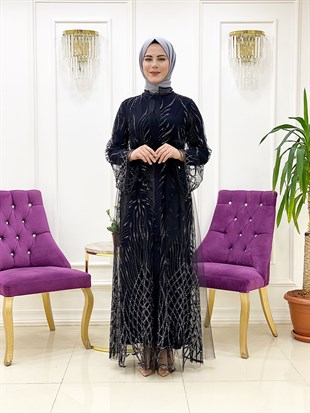 Ellya Özel Tasarım Tül Üzerine Dal İşlemeli İkili Elbise 