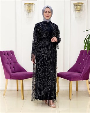 Ellya Özel Tasarım Tül Üzerine İşlemeli İkili Elbise 
