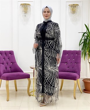 Ellya Özel Tasarım Tül Üzerine İşlemeli Payet Kumaş İkili Elbise 