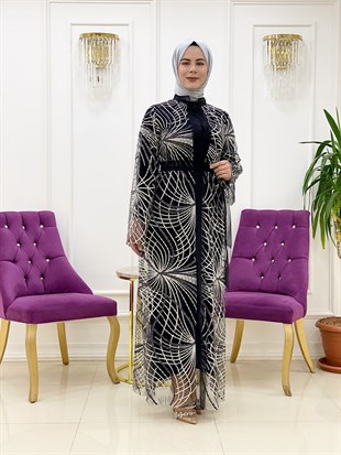 Ellya Özel Tasarım Tül Üzerine İşlemeli Payet Kumaş İkili Elbise 