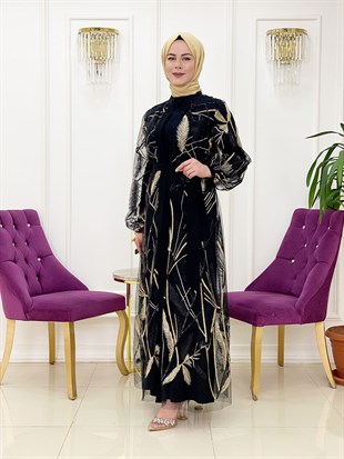 Ellya Özel Tasarım Tül Üzerine Yaprak İşlemeli İkili Elbise 
