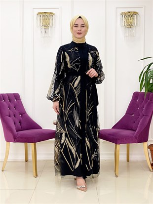Ellya Özel Tasarım Tül Üzerine Yaprak İşlemeli İkili Elbise 