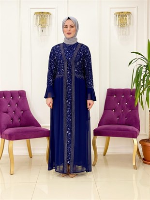 Ellya Özel Tasarım Yeni Sezon Taş İşlemeli Desenli Büyük Beden Tam Boy Elbise