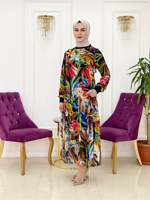 Ellya Yeni Sezon Şifon Kumaş Astarlı Rengarenk Çiçek Desenli Tam Boy Elbise